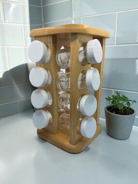 16-Jar Wooden Rotating Spice Rack With Clear Glass Jars & White Lids